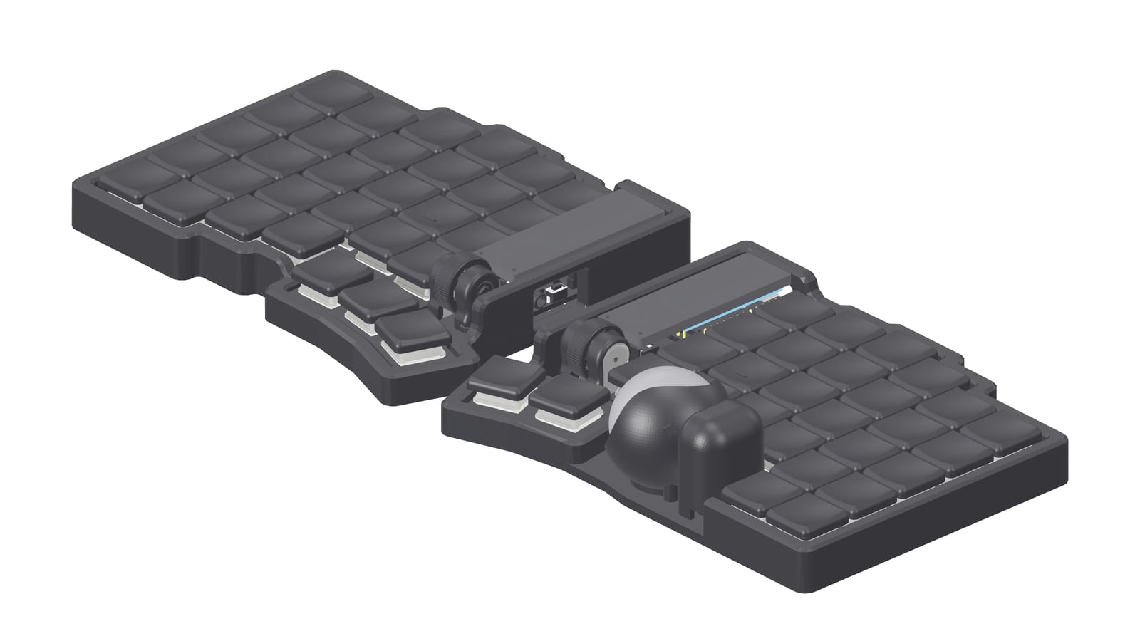 A Keyball61+ split keyboard with an integrated trackball, built with a black printed case, flat black keycaps and white low-profile switches